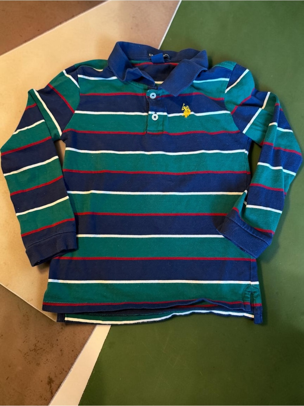 US Polo Assn Boys Striped Rugby Polo 5T Long Sleeve Navy Green Preppy